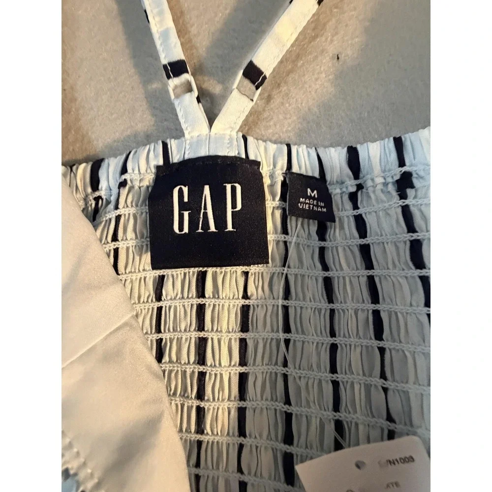 GAP Dress Womens M Blue Stripe Sweetheart Smocked Maxi Strappy Sundress Tiered